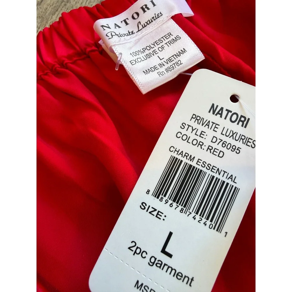 Natori Pajama Set 2‎ pc Large Red Satin Shirt Button Down Long Sleeve Pants ReAd